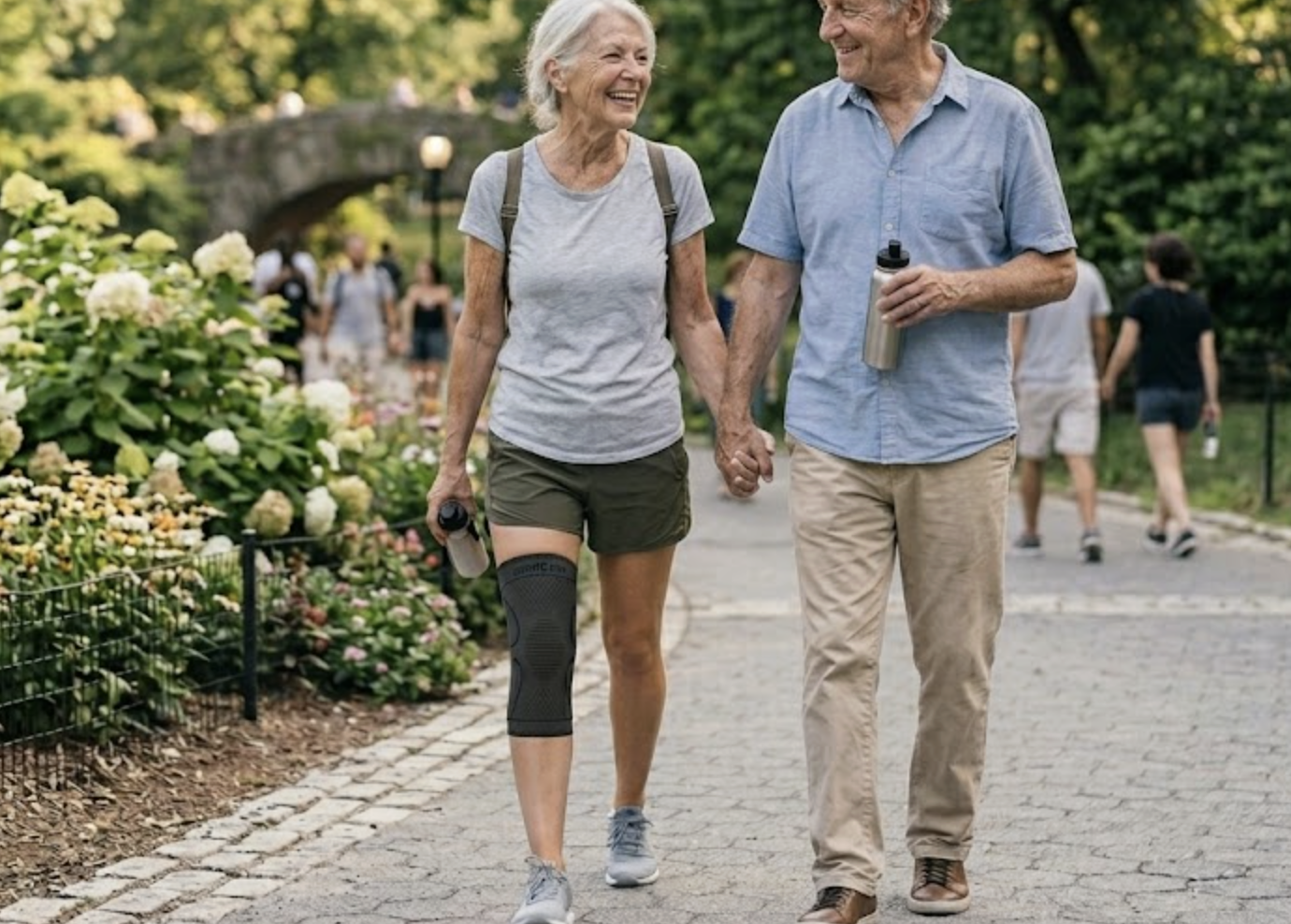 Wandelend stel in het park, een van hen draagt knéo